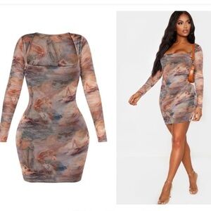 PrettyLittleThing Renaissance Print Mesh Square Neck Long Sleeve Dress